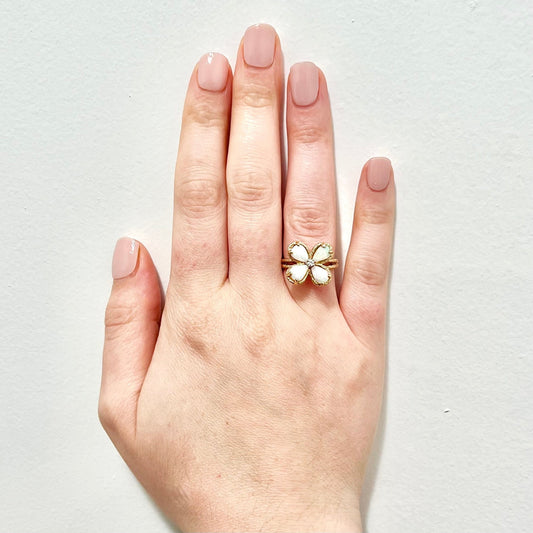 CLEARANCE 40% OFF - Vintage 14 Karat Yellow Gold Natural Opal & Diamond Quatrefoil Ring - WeilJewelry