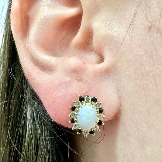 CLEARANCE 40% OFF - Vintage Opal, Sapphire & Diamond Halo Stud Earrings - WeilJewelry