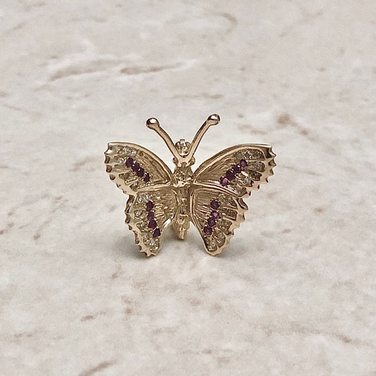 Exquisite Vintage 14 Karat Yellow Gold Natural Ruby & Diamond Butterfly Brooch - WeilJewelry