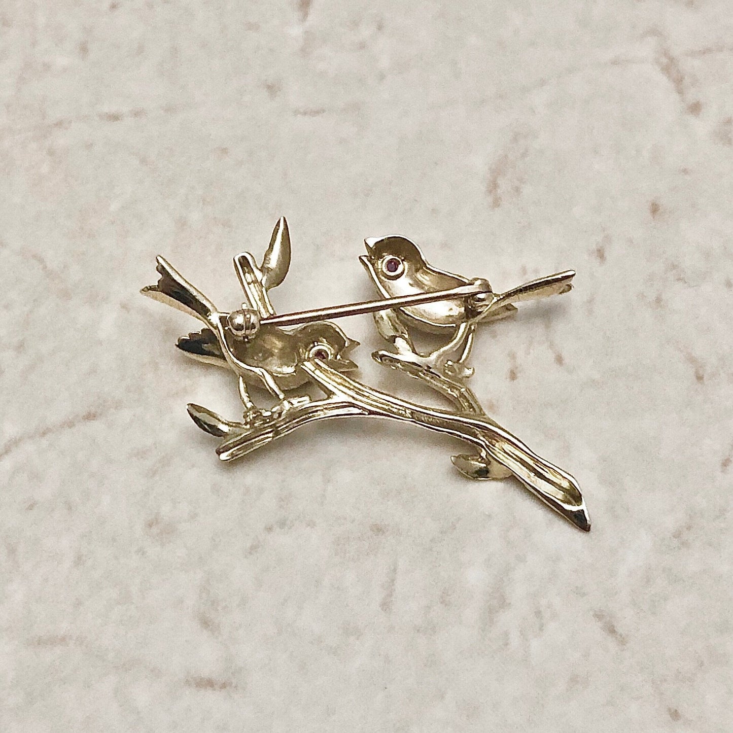 Exquisite Vintage 14 Karat Yellow Gold Ruby Bird Brooch - WeilJewelry