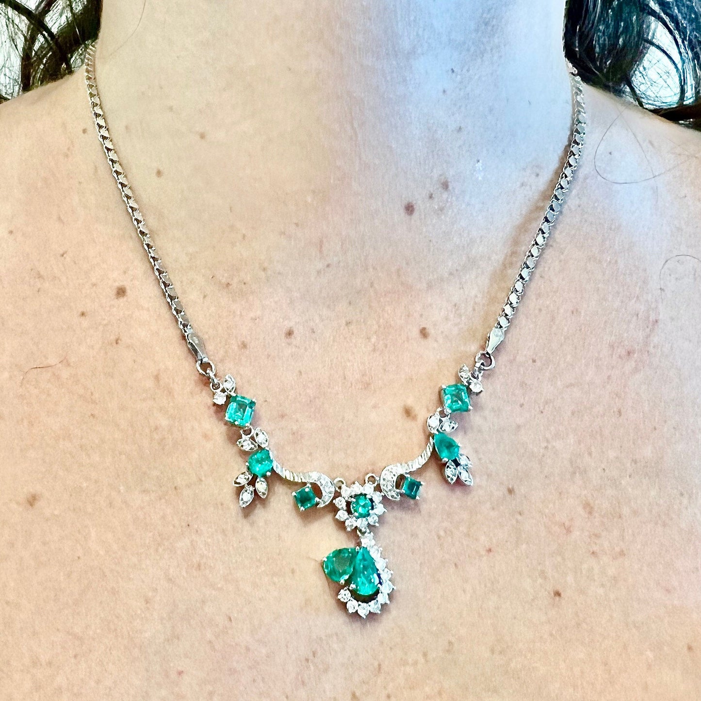 Fine 14 Karat White Gold Colombian Emerald & Diamond Necklace - WeilJewelry