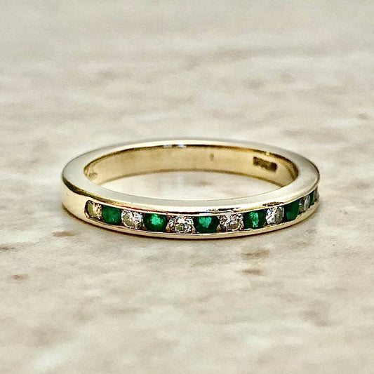 Fine 14 Karat Yellow Gold Natural Emerald & Diamond Band Ring - WeilJewelry