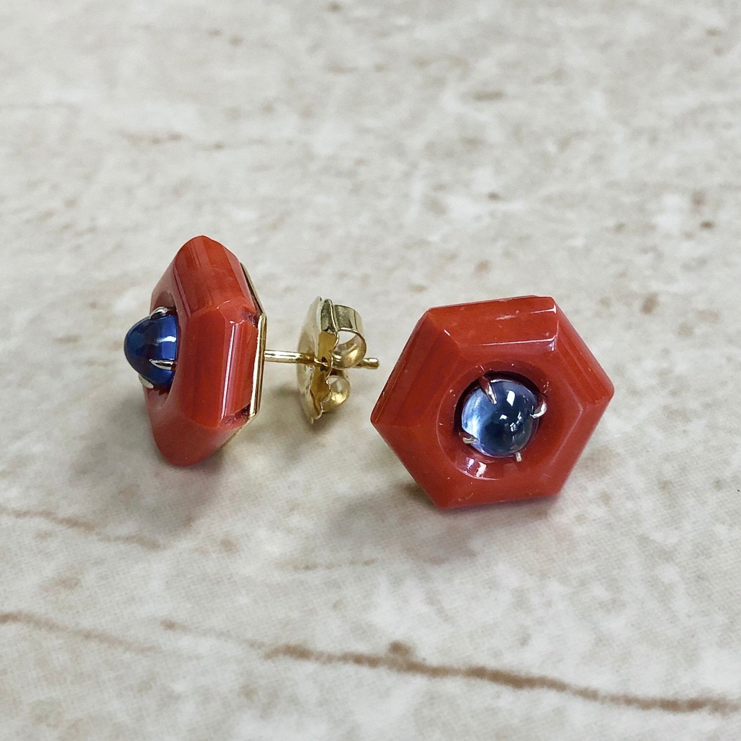 Fine 18 Karat Yellow Gold Untreated Blue Sapphire & Oxblood Coral Stud Earrings By Carvin French - WeilJewelry