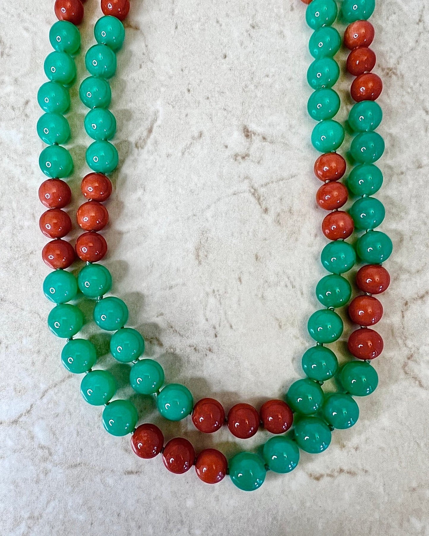 Fine 36 Inches Coral & Chrysoprase Strand Necklace With 18 Karat Yellow Clasp By Carvin French - WeilJewelry