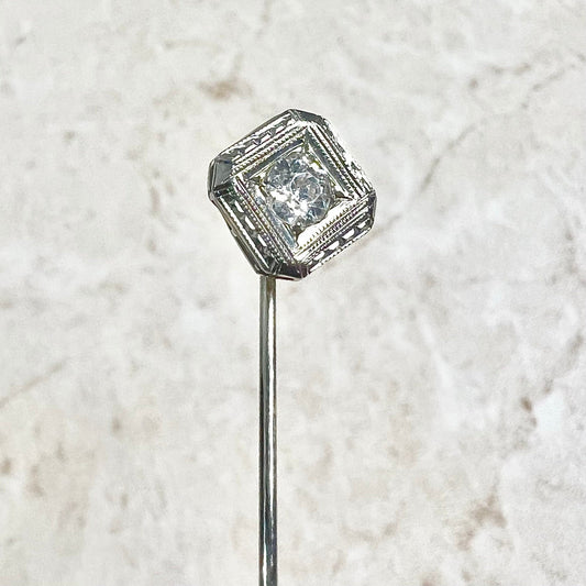 Fine Antique Art Deco 14 & 18 Karat White Gold Diamond Stick Pin - WeilJewelry