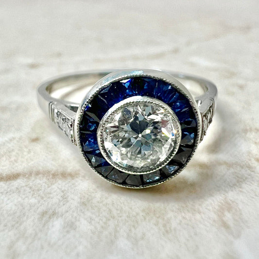 Fine Art Deco Style Handcrafted Platinum 0.50 Carat Old European Diamond & Sapphire Halo Engagement Ring - WeilJewelry