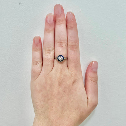Fine Art Deco Style Handcrafted Platinum 0.50 Carat Old European Diamond & Sapphire Halo Engagement Ring