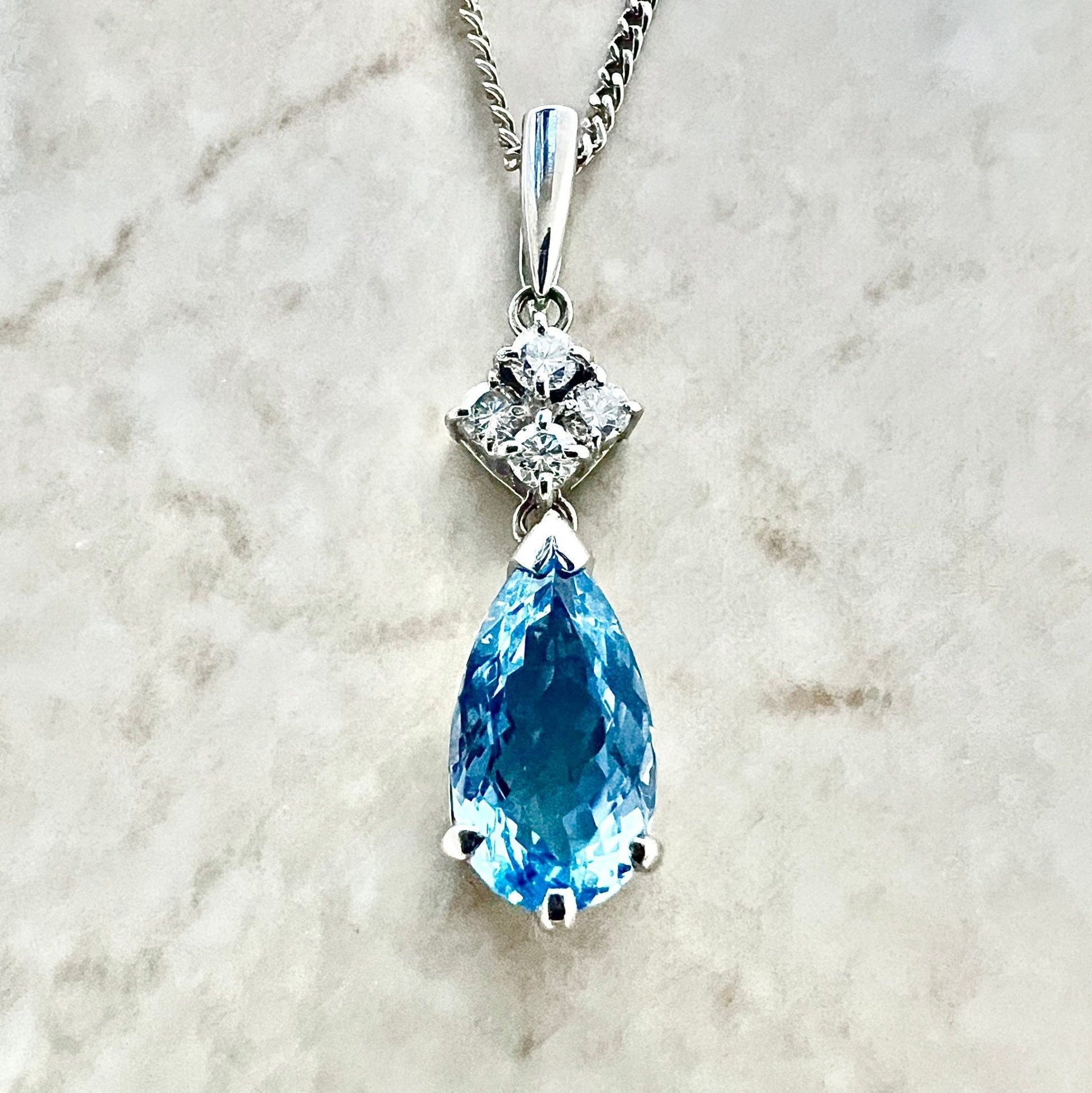 Fine Platinum Pear Shape Aquamarine & Diamond Pendant Necklace - Aquamarine Pendant - March Birthstone - Aquamarine Necklace - Holiday Gifts