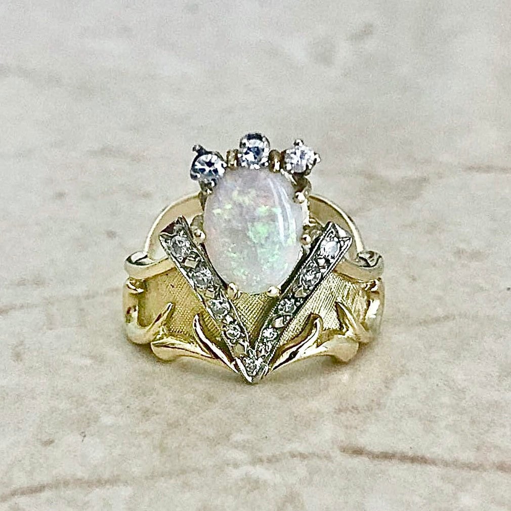 Fine Vintage 14 Karat Two - Tone Gold Opal & Diamond Statement Ring - WeilJewelry