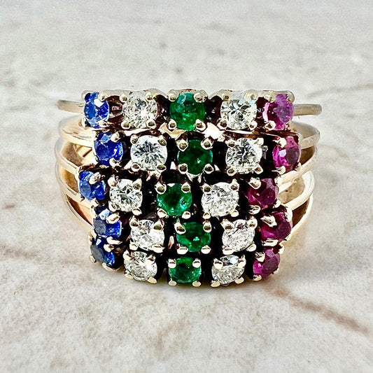Fine Vintage 14 Karat Yellow Gold Diamond, Emerald, Sapphire & Ruby Five - Row Band Ring - WeilJewelry