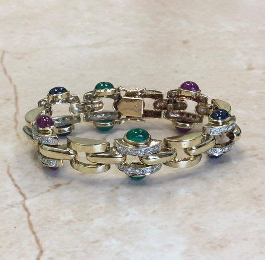 Fine Vintage 14 Karat Yellow Gold Diamond, Sapphire, Ruby & Emerald Link Bracelet - WeilJewelry