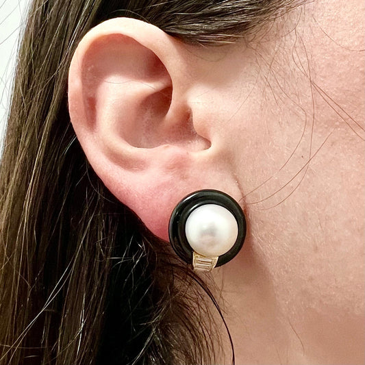 Fine Vintage Handcrafted 18 Karat Yellow Gold South Sea Pearl, Diamond & Onyx Earrings By Carvin French - WeilJewelry