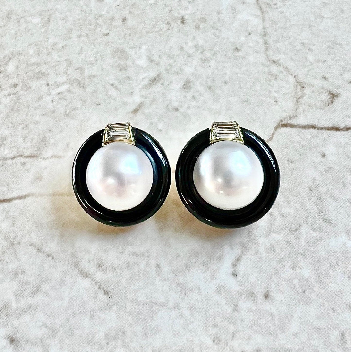 Fine Vintage Handcrafted 18 Karat Yellow Gold South Sea Pearl, Diamond & Onyx Earrings By Carvin French - WeilJewelry