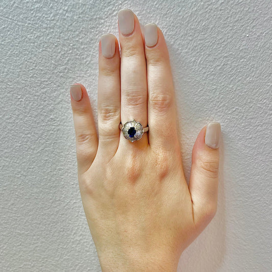 Fine Vintage Platinum Blue Sapphire & Diamond Halo Ring - WeilJewelry