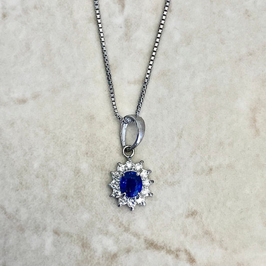 Fine Vintage Platinum Sapphire & Diamond Halo Pendant Necklace - WeilJewelry