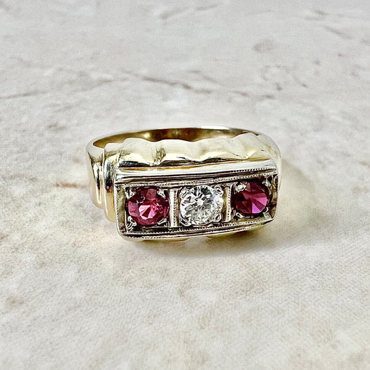 Fine Vintage Retro 14 Karat Yellow Gold Diamond & Synthetic Ruby Cocktail Ring - WeilJewelry