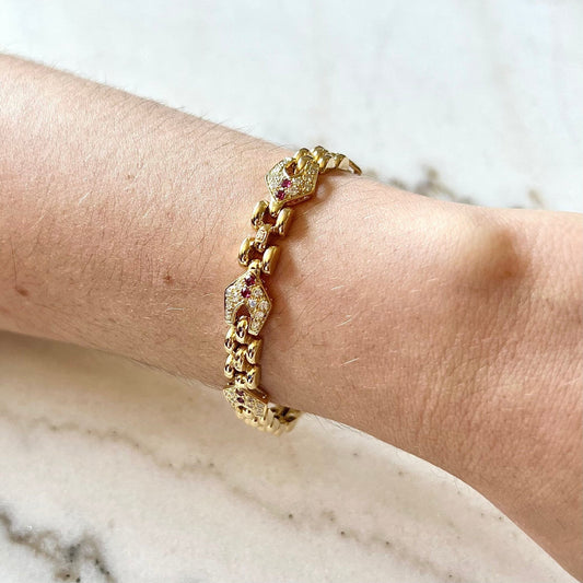 French Vintage 18 Karat Yellow Gold Ruby & Diamond Link Bracelet - WeilJewelry