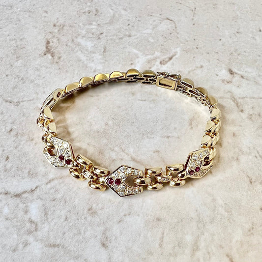 Vintage French 18K Ruby & Diamond Link Bracelet - Yellow Gold Ruby Bracelet - July Birthstone - Birthday Gift - Best Gift For Her
