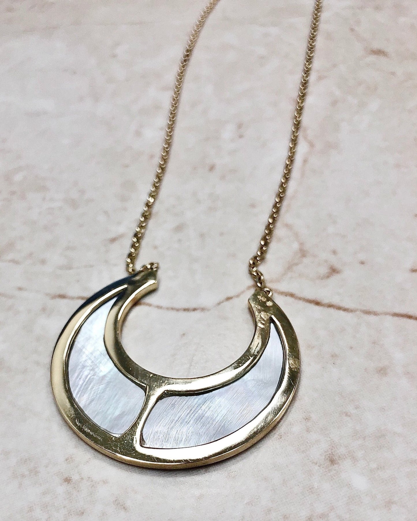 Handcrafted 18 Karat Yellow Gold Mother - Of - Pearl Crescent Pendant Necklace By Carvin French - WeilJewelry