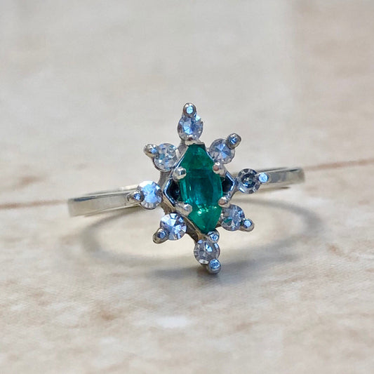 Vintage 14 Karat White Gold Natural Emerald & Diamond Halo Ring - WeilJewelry
