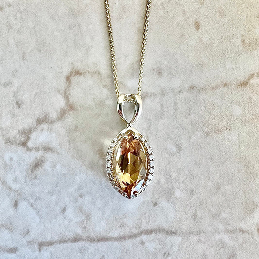 14 Karat Yellow Gold Marquise Citrine & Diamond Halo Pendant Necklace - WeilJewelry