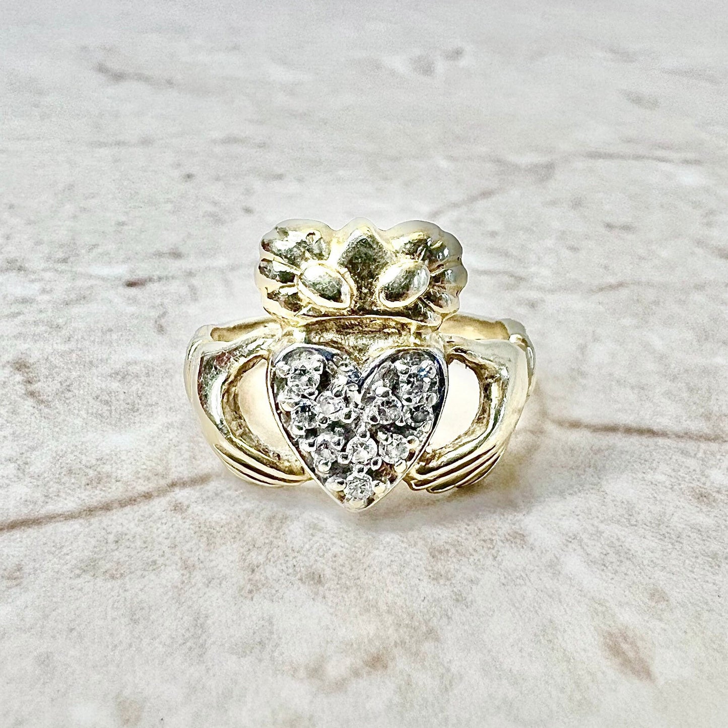 Vintage 14 Karat Yellow Gold Diamond Claddagh Ring - WeilJewelry