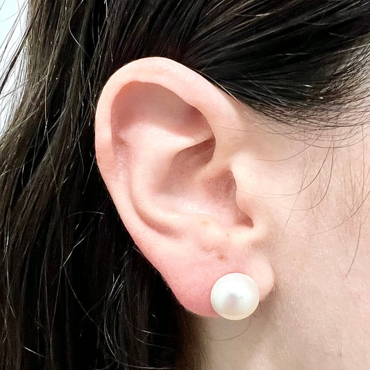 Large 14 Karat Yellow Gold 12 mm White Freshwater Pearl Stud Earrings - WeilJewelry