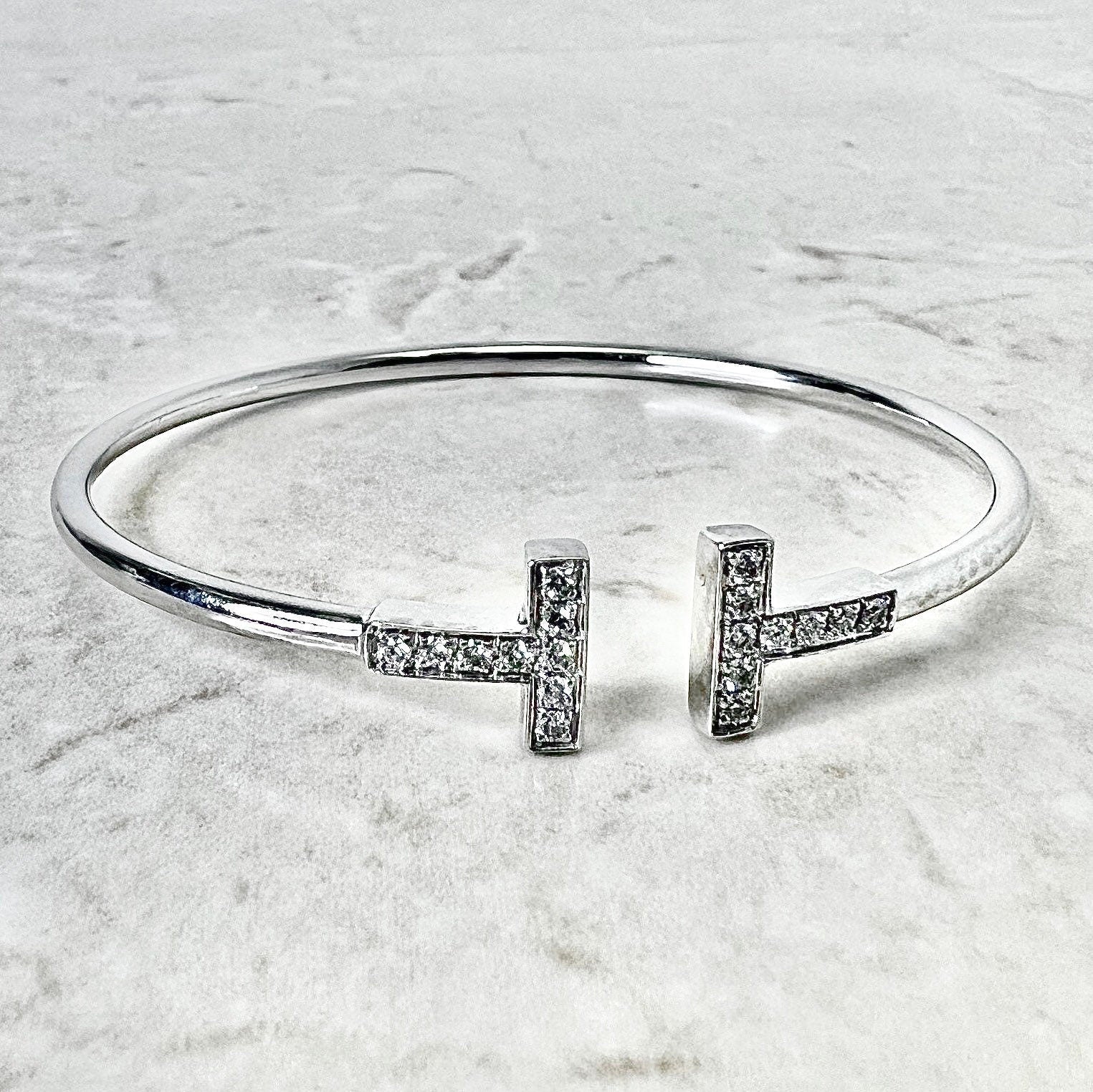 18K Tiffany & Co. T Diamond Wire Bracelet - White Gold Tiffany Bracelet - Diamond Bangle Bracelet - Birthday Gift For Her
