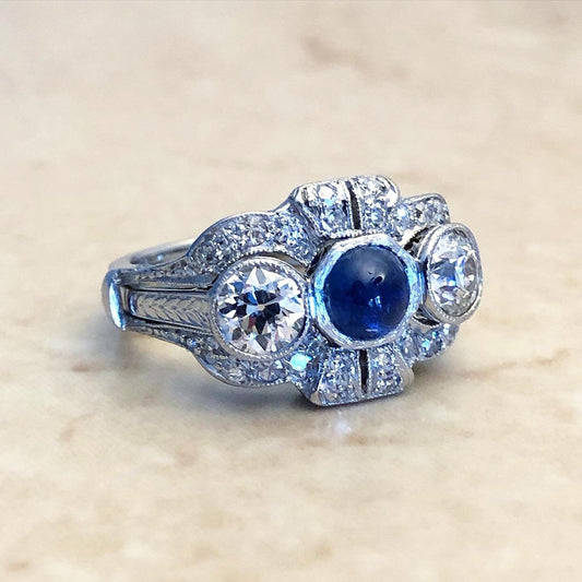 Rare Art Deco Platinum Sapphire & Diamond Engagement & Jacket Ring Set - WeilJewelry