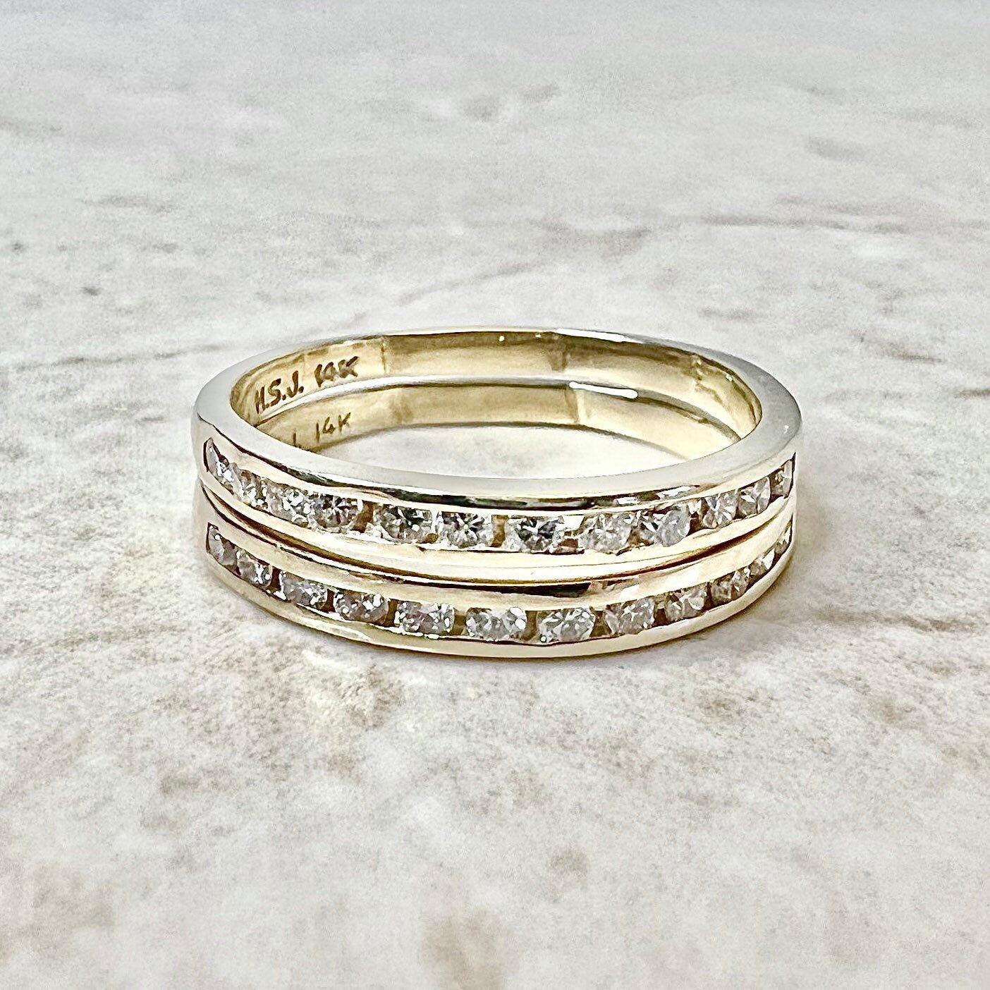 Set Of Two Vintage 14 Karat Yellow Gold Diamond Half - Eternity Band Rings - WeilJewelry