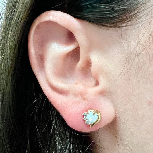 Single 14 Karat Yellow Gold Natural Opal & Diamond Heart Stud Earring - WeilJewelry