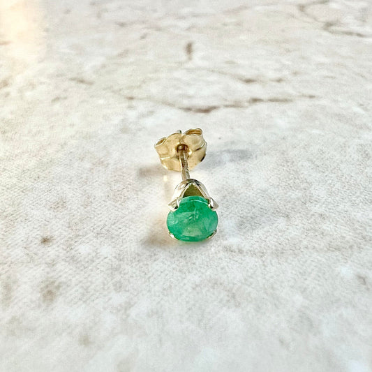 Single 14 Karat Yellow Gold Natural Round Emerald Stud Earring - WeilJewelry
