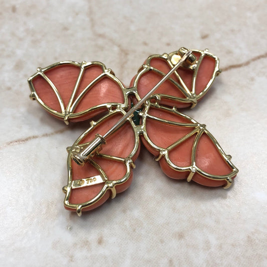 Very Fine 18 Karat Yellow Gold, Coral & Green Jadeite Brooch By Carvin French Jewelers - WeilJewelry