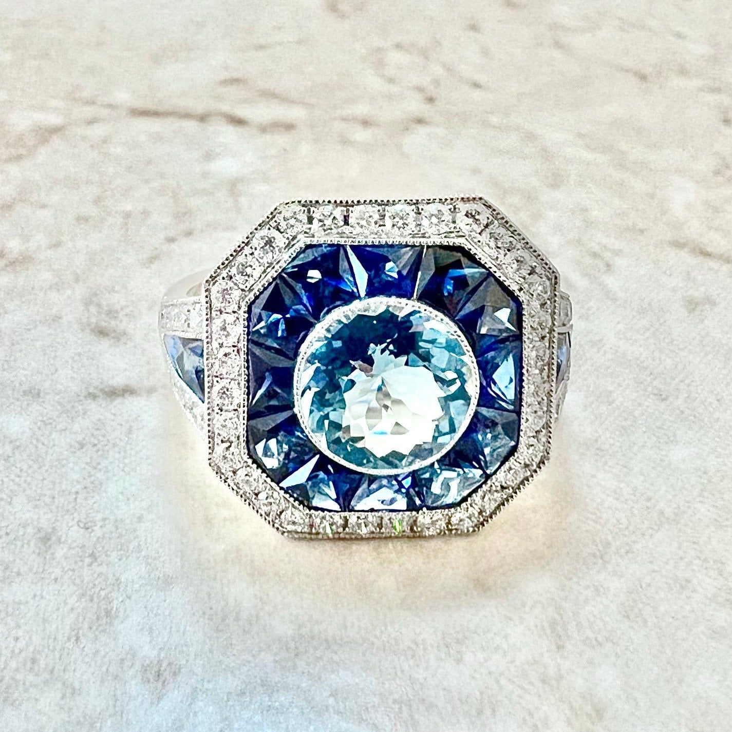 Very Fine Art Deco Style Handcrafted Platinum Aquamarine, Sapphire & Diamond Halo Ring - WeilJewelry
