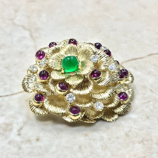 Very Fine Vintage 1960ās Green Jadeite, Ruby & Diamond Brooch By Carvin French Jewelers - WeilJewelry