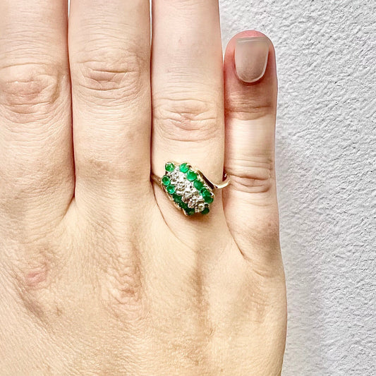 Vintage 10 Karat Two - Tone Gold Natural Emerald & Diamond Cocktail Ring - WeilJewelry