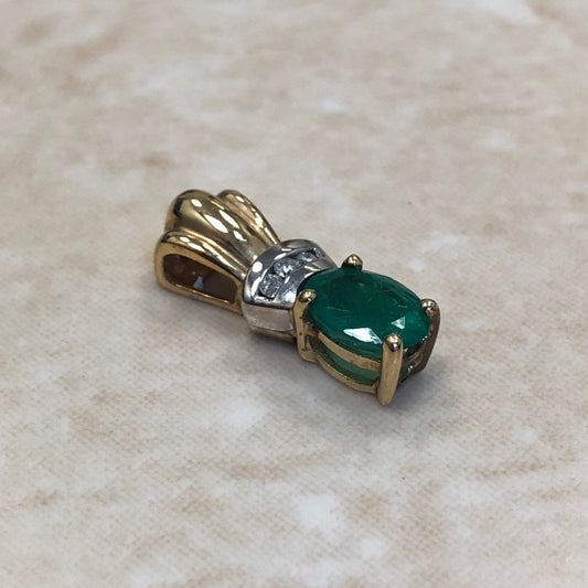 Vintage 10 Karat Two - Tone Gold Oval Emerald & Diamond Pendant - WeilJewelry