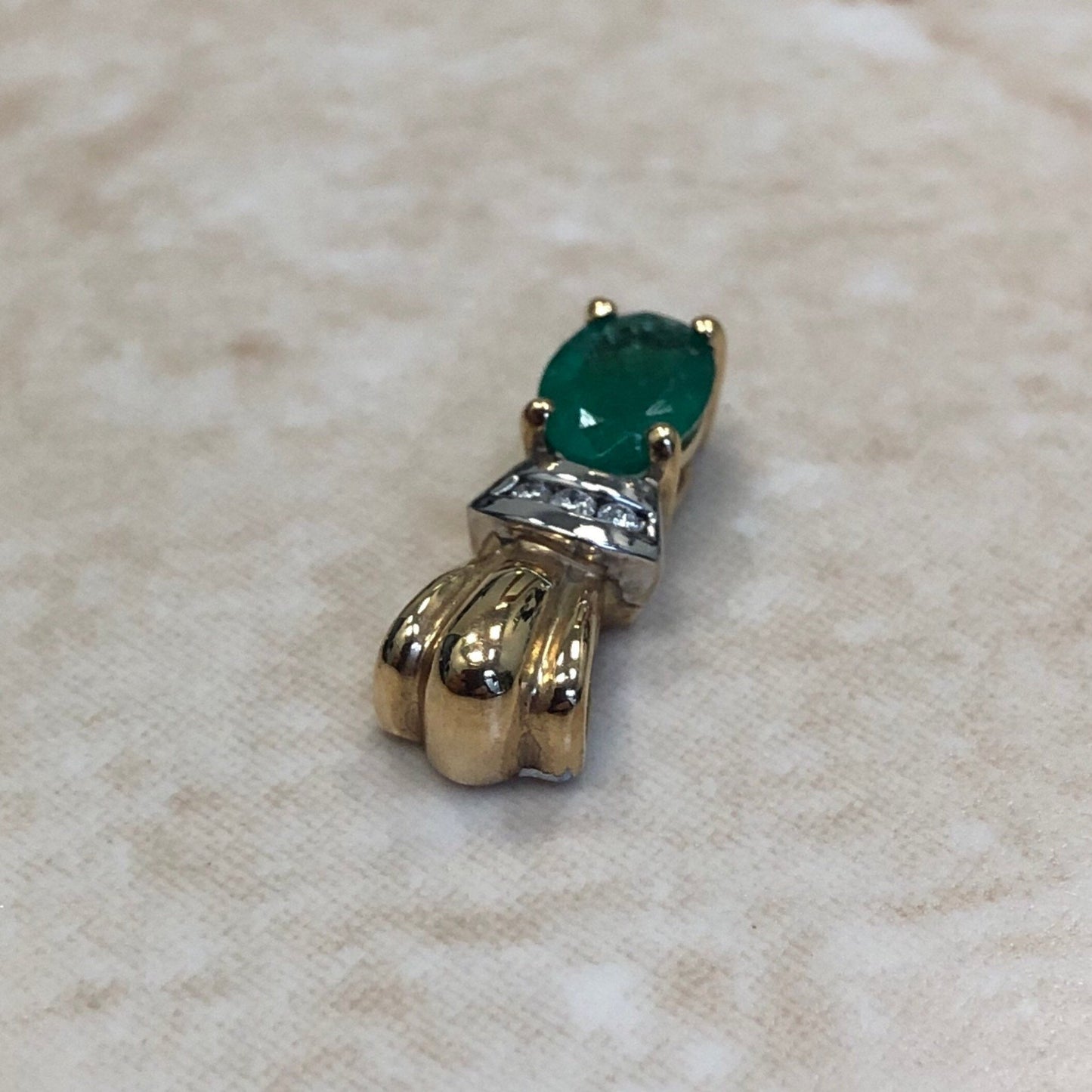 Vintage 10 Karat Two - Tone Gold Oval Emerald & Diamond Pendant - WeilJewelry