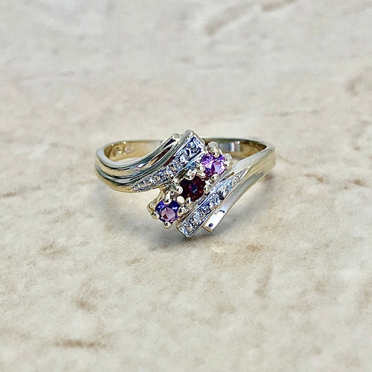 Vintage 10 Karat Yellow Gold Amethyst, Garnet, Tourmaline & Diamond Mother’s Ring - WeilJewelry