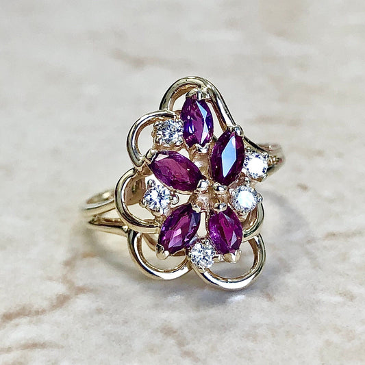 Vintage 10 Karat Yellow Gold Natural Ruby & Diamond Cocktail Ring - WeilJewelry