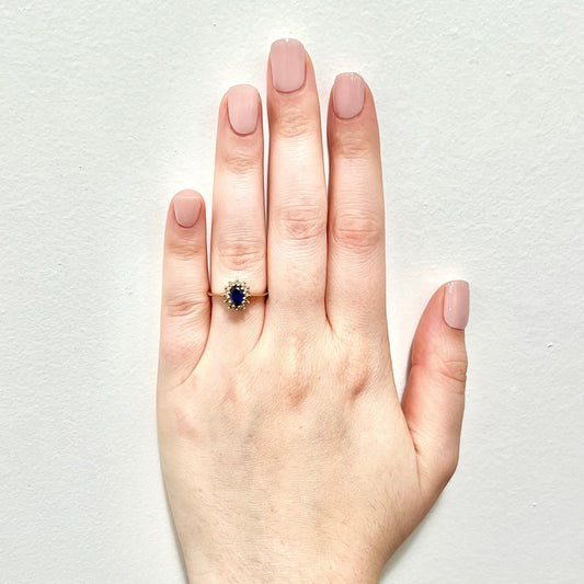 Vintage 10 Karat Yellow Gold Synthetic Blue Stone & Diamond Halo Ring - WeilJewelry