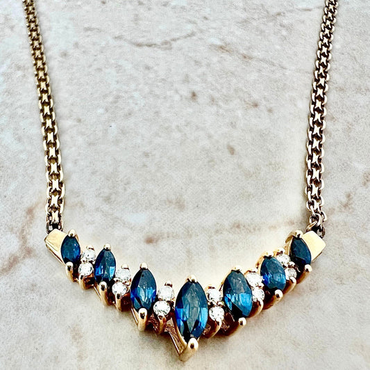 Vintage 14 Karat Yellow Gold Blue Sapphire & Diamond Chevron Pendant Necklace - WeilJewelry