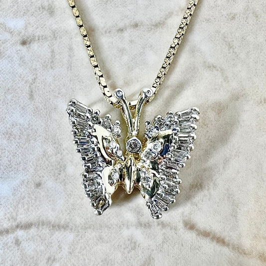 Vintage 14 Karat Two - Tone Gold Diamond Butterfly Pendant Necklace - WeilJewelry