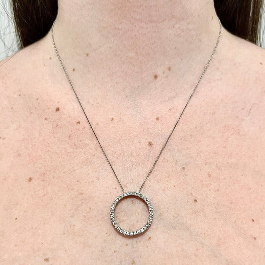 CLEARANCE 40% OFF - Vintage 14 Karat White Gold 0.45 Carat Diamond Circle Pendant Necklace - WeilJewelry