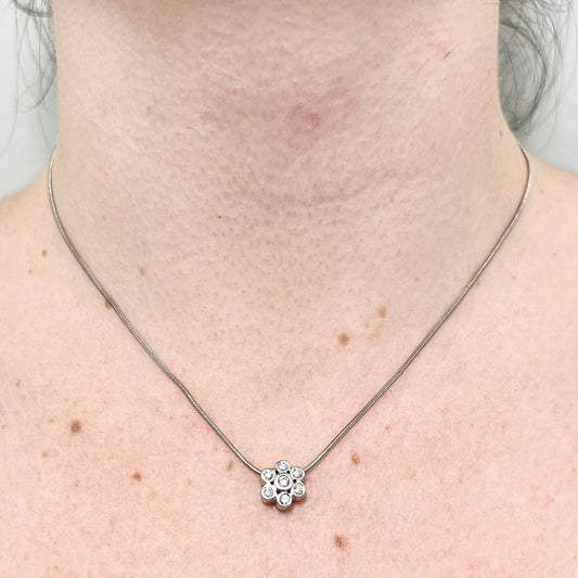 Vintage 14 Karat White Gold Bezel Diamond Flower Halo Pendant Necklace - WeilJewelry