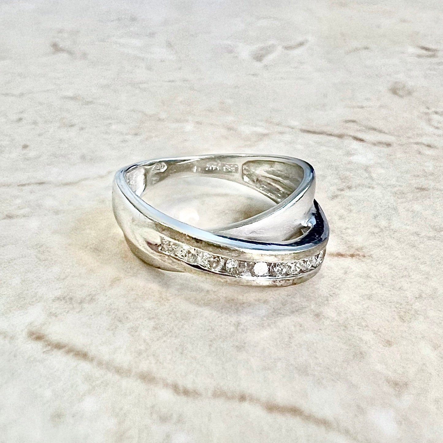 Vintage 14 Karat White Gold Diamond Crossover Band Ring - WeilJewelry