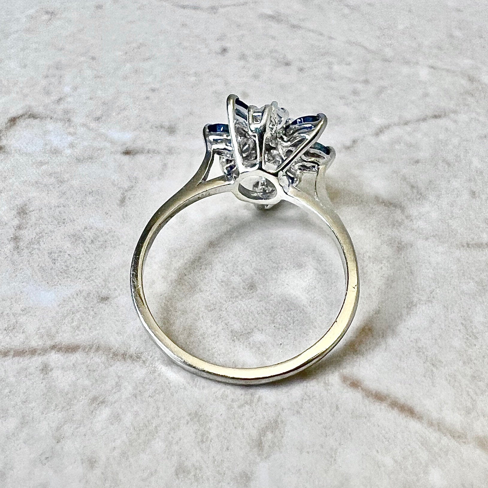 14K Sapphire & Diamond Cocktail Ring - White Gold Flower Ring - Promise Ring - Anniversary Ring - September Birthstone - Best Gift For Her