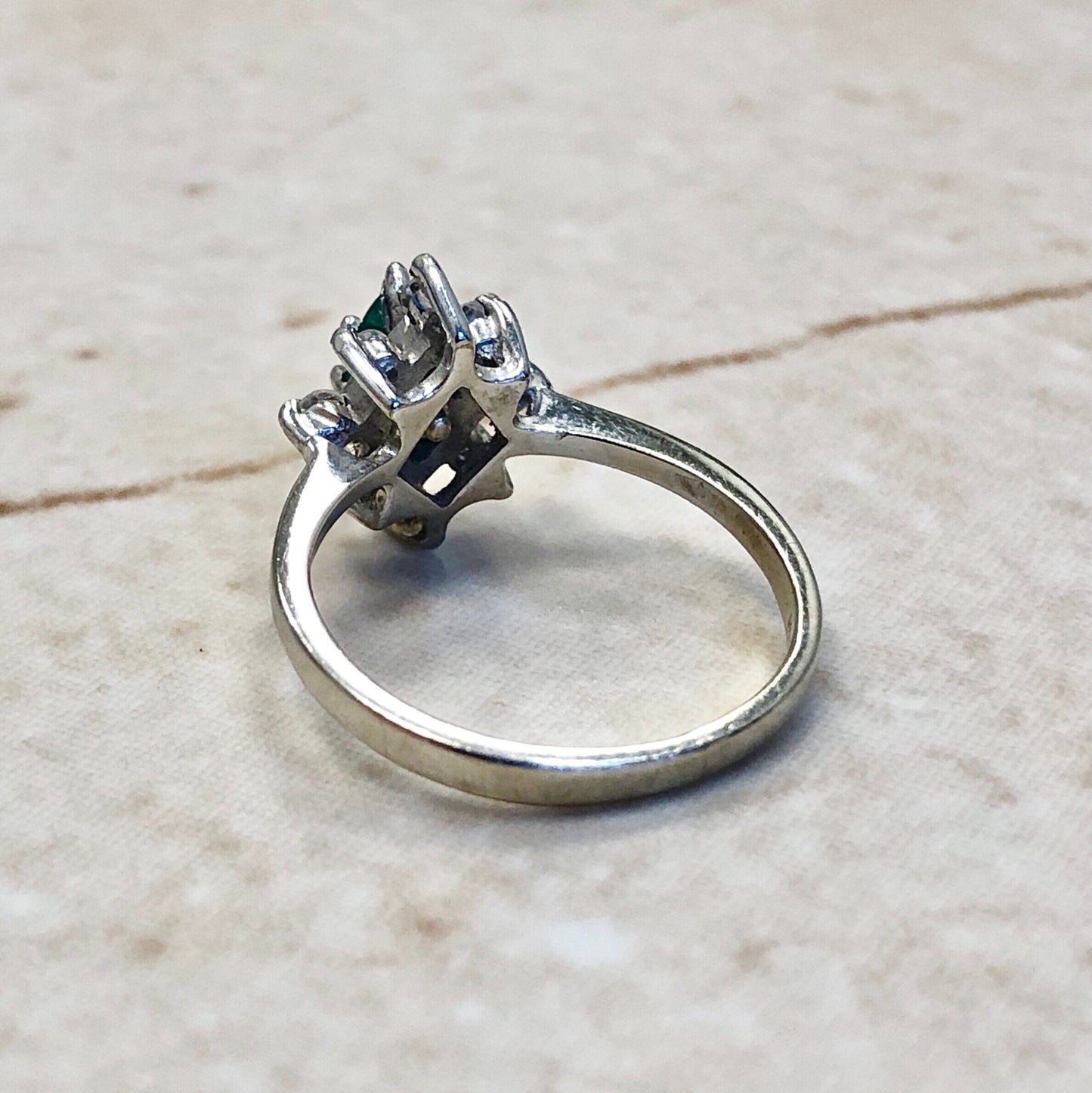 Vintage 14 Karat White Gold Natural Emerald & Diamond Halo Ring - WeilJewelry