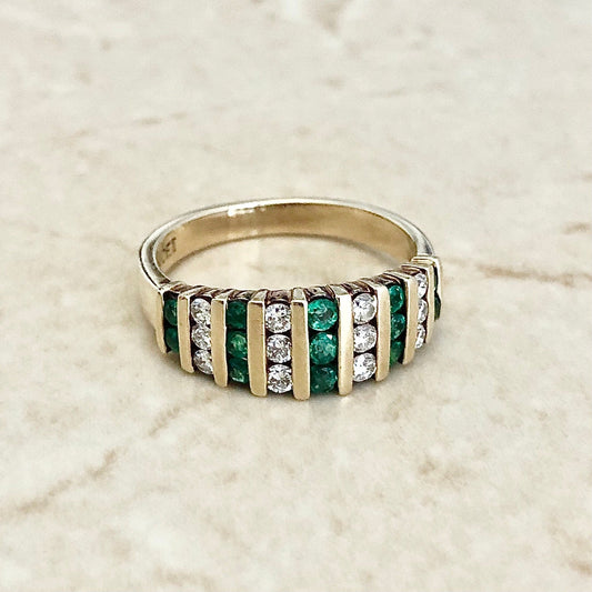 Vintage 14 Karat Yellow Gold Bar Set Natural Emerald & Diamond Band Ring - WeilJewelry