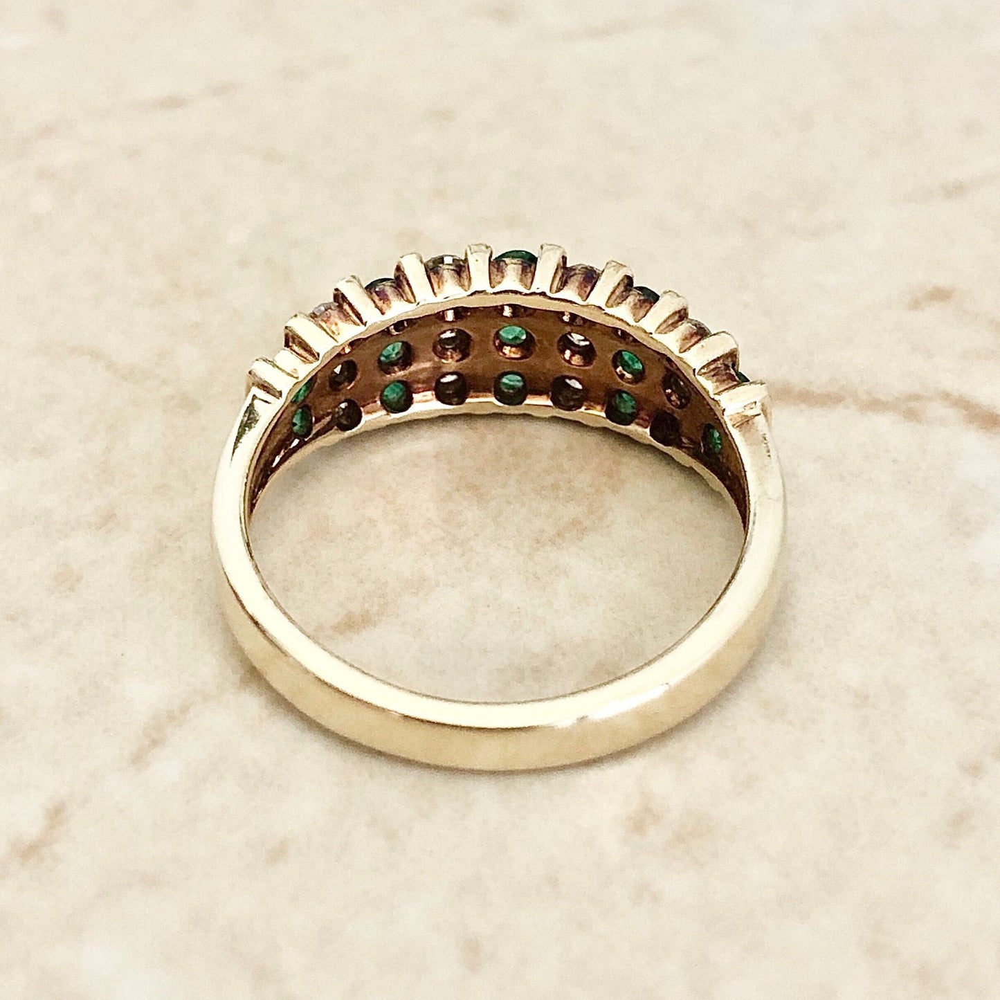 Vintage 14 Karat Yellow Gold Bar Set Natural Emerald & Diamond Band Ring - WeilJewelry